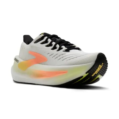 brooks glycerin max 2 for women, ultra cushioned running shoe for long distances and recovery runs, white and black with coral details, side profile of shoe
