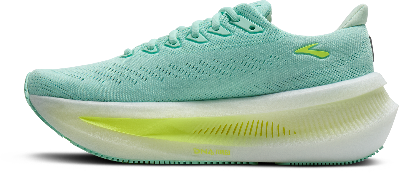 brooks glycerin max 2 womens, maximum cushioned long distance and recovery road running shoe, teal with white and green details, inside profile of shoe