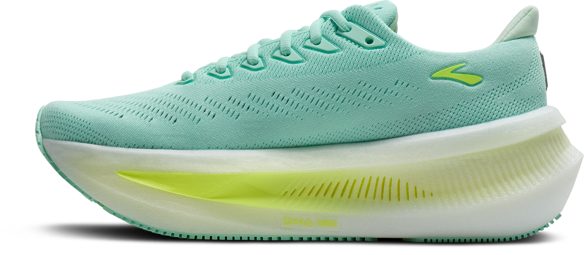brooks glycerin max 2 womens, maximum cushioned long distance and recovery road running shoe, teal with white and green details, inside profile of shoe
