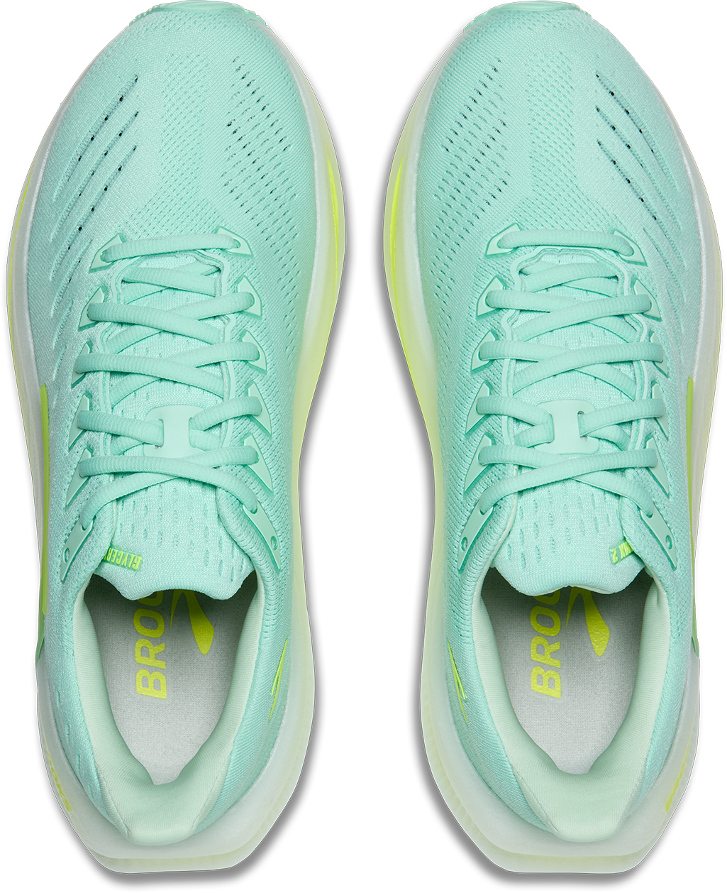 brooks glycerin max 2 womens, maximum cushioned long distance and recovery road running shoe, teal with white and green details, top of shoes