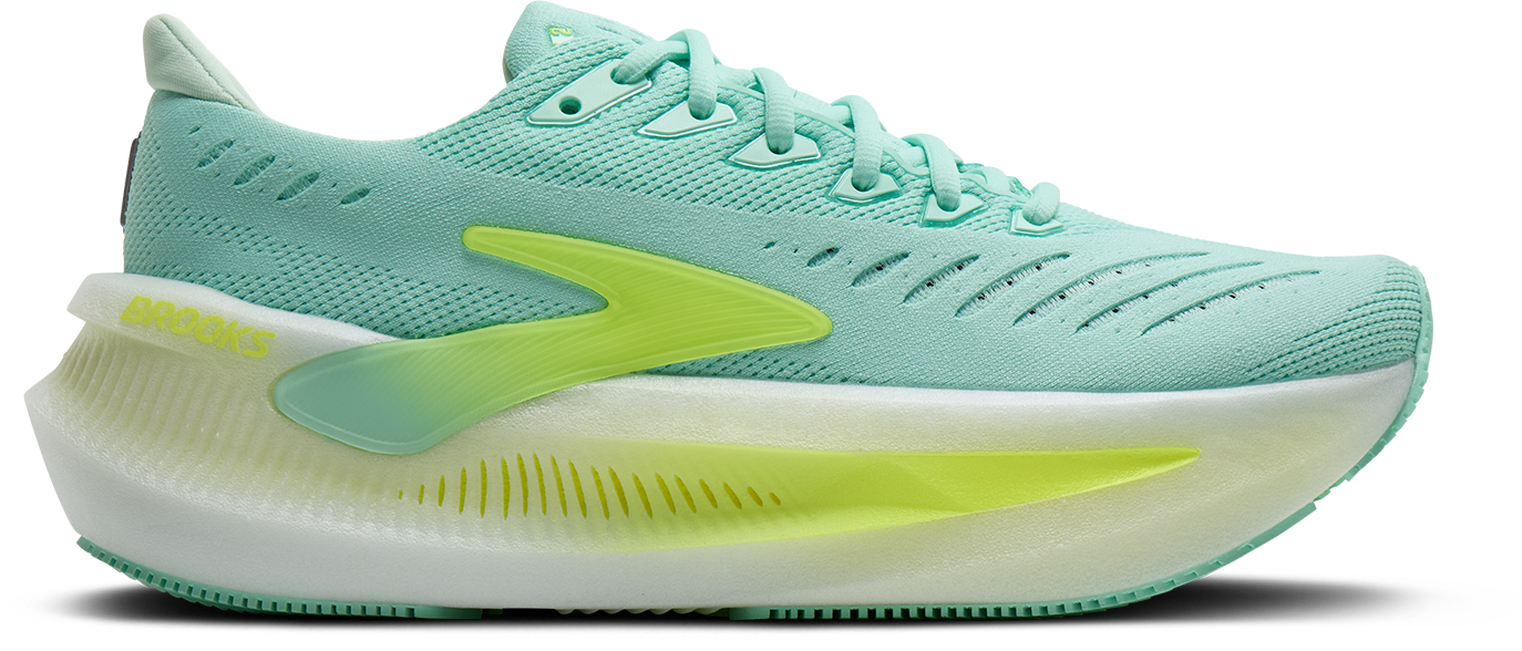 brooks glycerin max 2 womens, maximum cushioned long distance and recovery road running shoe, teal with white and green details, side profile of shoe