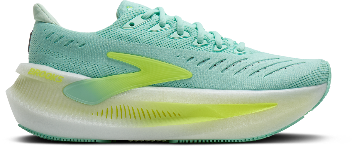 brooks glycerin max 2 womens, maximum cushioned long distance and recovery road running shoe, teal with white and green details, side profile of shoe