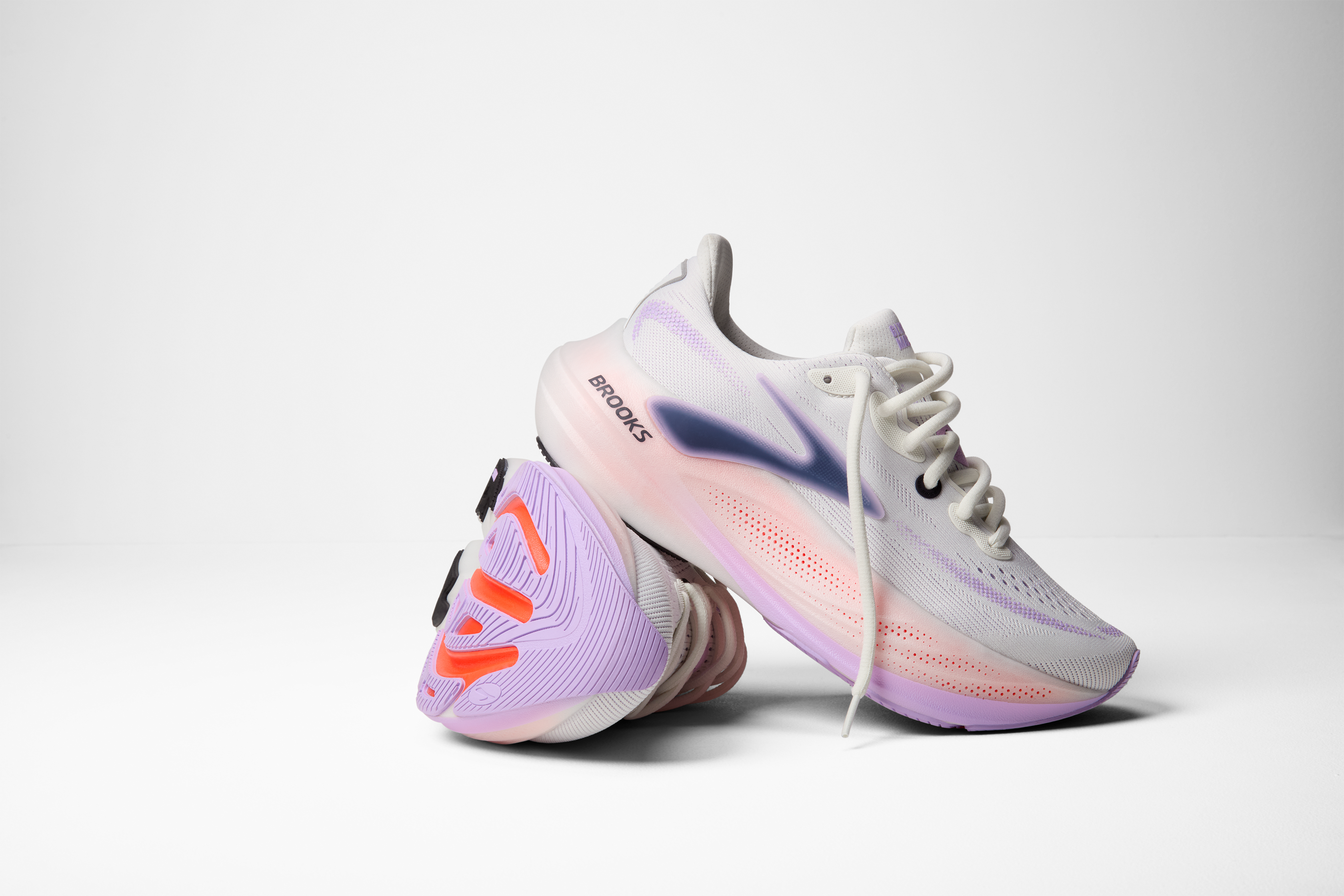 brooks glycerin max 3 womens, maximum cushioned long distance running shoe, white with purple and pink details, pair of shoes stacked ontop of each other