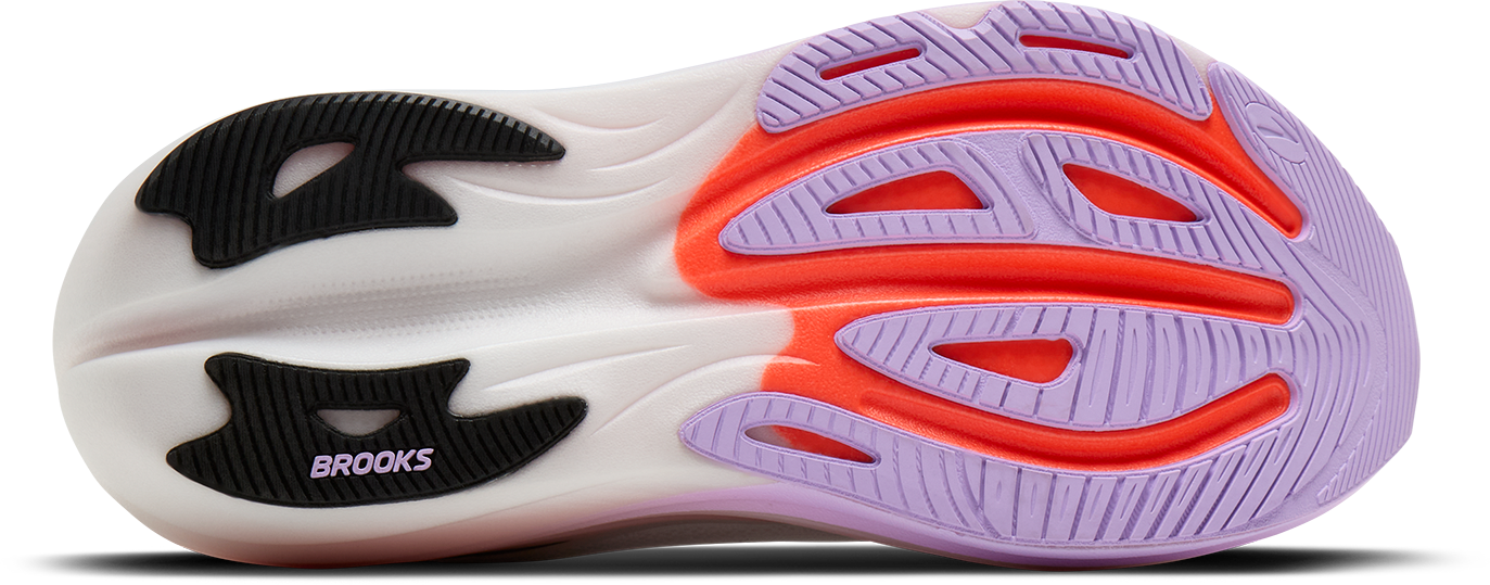 brooks glycerin max 3 womens, maximum cushioned long distance running shoe, white with purple and pink details, sole of shoe