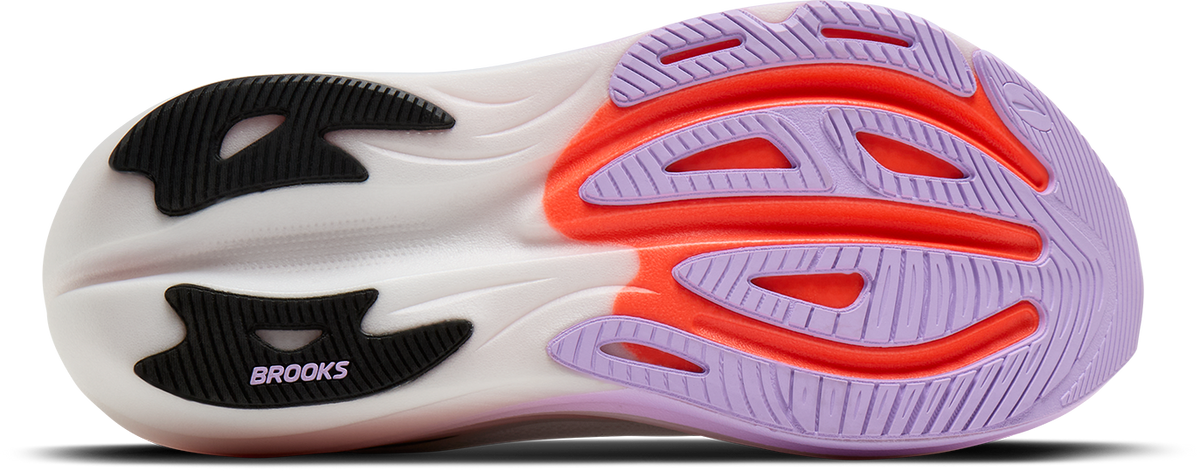 brooks glycerin max 3 womens, maximum cushioned long distance running shoe, white with purple and pink details, sole of shoe