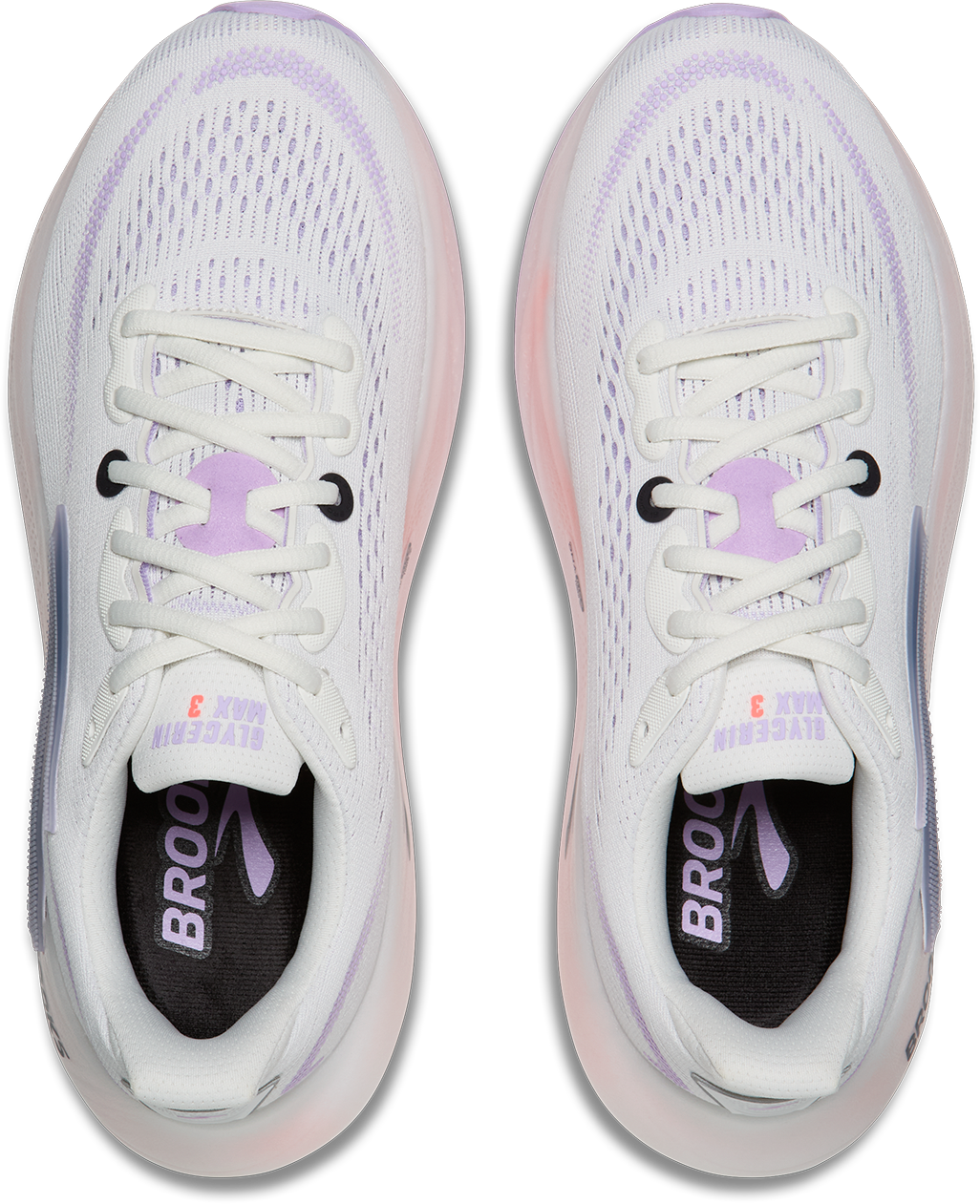 brooks glycerin max 3 womens, maximum cushioned long distance running shoe, white with purple and pink details, top down view of shoes