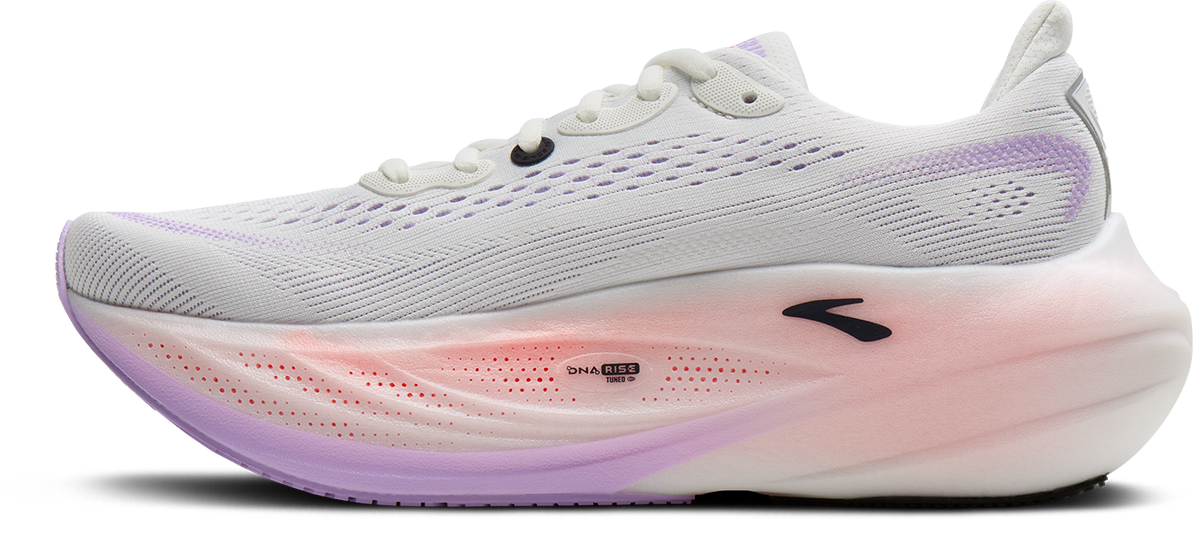 brooks glycerin max 3 womens, maximum cushioned long distance running shoe, white with purple and pink details, inside profile of shoe