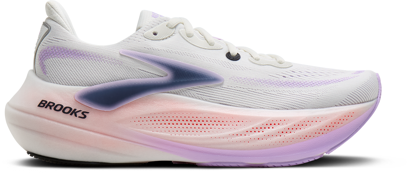 brooks glycerin max 3 womens, maximum cushioned long distance running shoe, white with purple and pink details, side profile of shoe