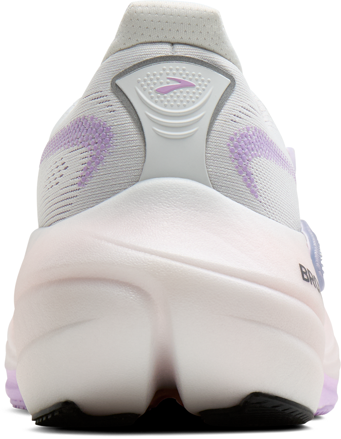 brooks glycerin max 3 womens, maximum cushioned long distance running shoe, white with purple and pink details, heel of shoe