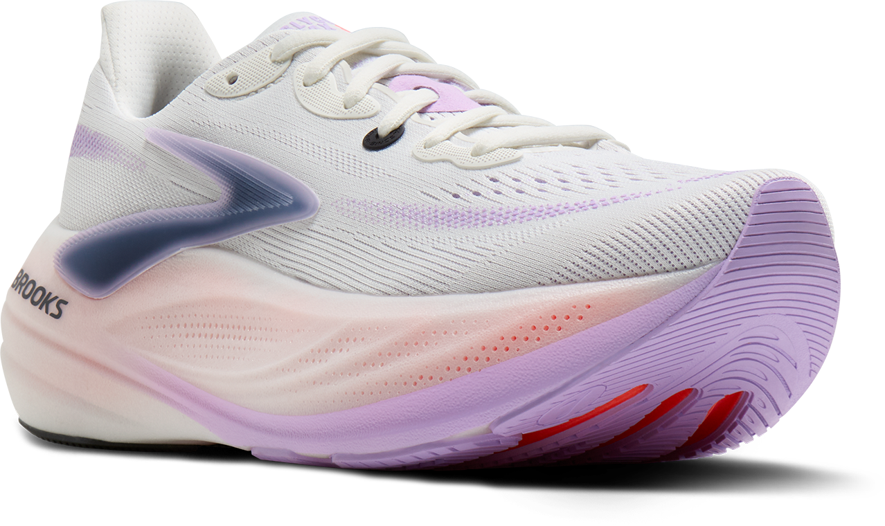 brooks glycerin max 3 womens, maximum cushioned long distance running shoe, white with purple and pink details, angled profile of shoe