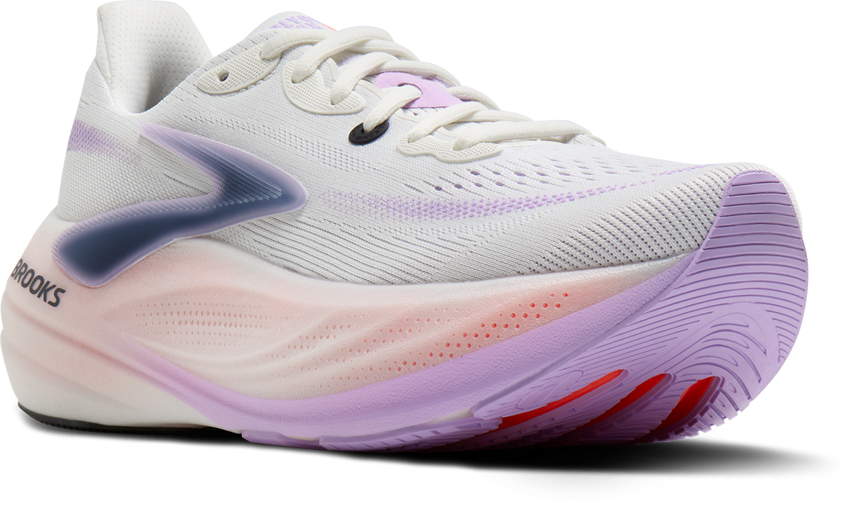 brooks glycerin max 3 womens, maximum cushioned long distance running shoe, white with purple and pink details, angled profile of shoe