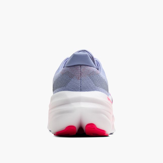 brooks glycerin max for women, long distance and recovery running shoe with maximum cushioning, light blue colour with white sole and pink 'brooks' logo, heel of shoe