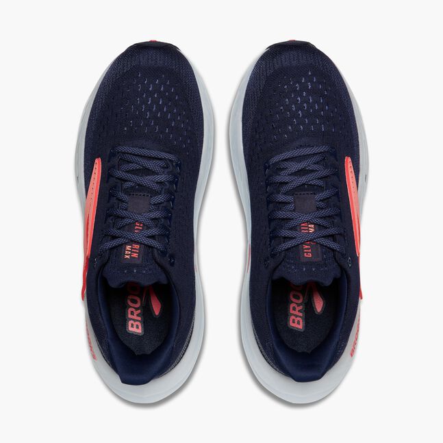 brooks glycerin max for women, maximum cushioning running shoe for recovery runs and long distances, navy colour with white sole and pink 'brooks' logo, top view of shoes