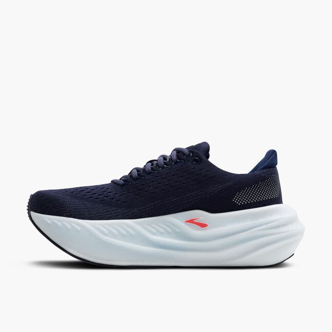 brooks glycerin max for women, maximum cushioning running shoe for recovery runs and long distances, navy colour with white sole and pink 'brooks' logo, inside profile of shoe
