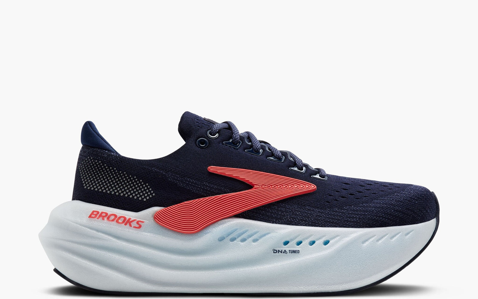 brooks glycerin max for women, maximum cushioning running shoe for recovery runs and long distances, navy colour with white sole and pink 'brooks' logo, side profile of shoe
