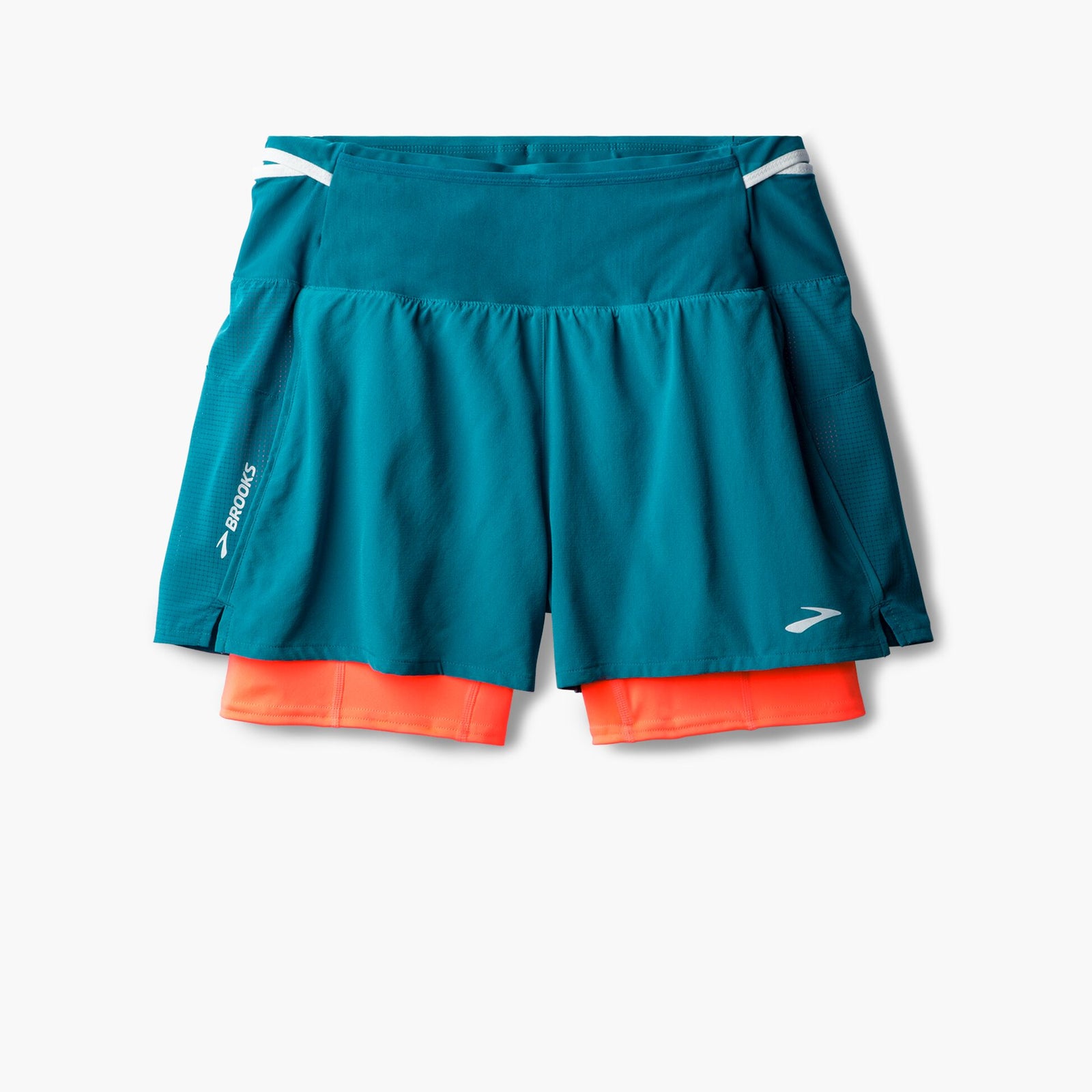Brooks High Point Women's Trail Shorts with pockets and storage, blue and orange