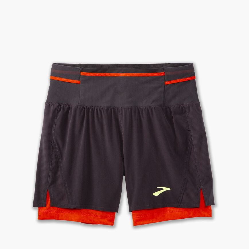 Brooks High Point trail running shorts for men, black with red inner and trim