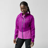 Woman wearing brooks high point waterproof running jacket purple, dark fuchsia 