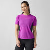 Woman wearing brooks high point short sleeve 2.0 running shirt purple with brooks branding