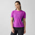 Woman wearing brooks high point short sleeve 2.0 running shirt purple with brooks branding