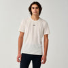 brooks high point short sleeve 2.0 for men, super lightweight and breathable trail running top, bone white colour, man wearing brooks top with grey background