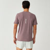 brooks high point short sleeve 2.0 for men, super lightweight and breathable trail running top, purple colour, back view of man wearing brooks top with grey background