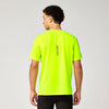 brooks high point short sleeve 2.0 for men, super lightweight and breathable trail running top, luminous yellow colour, man wearing brooks top with grey background