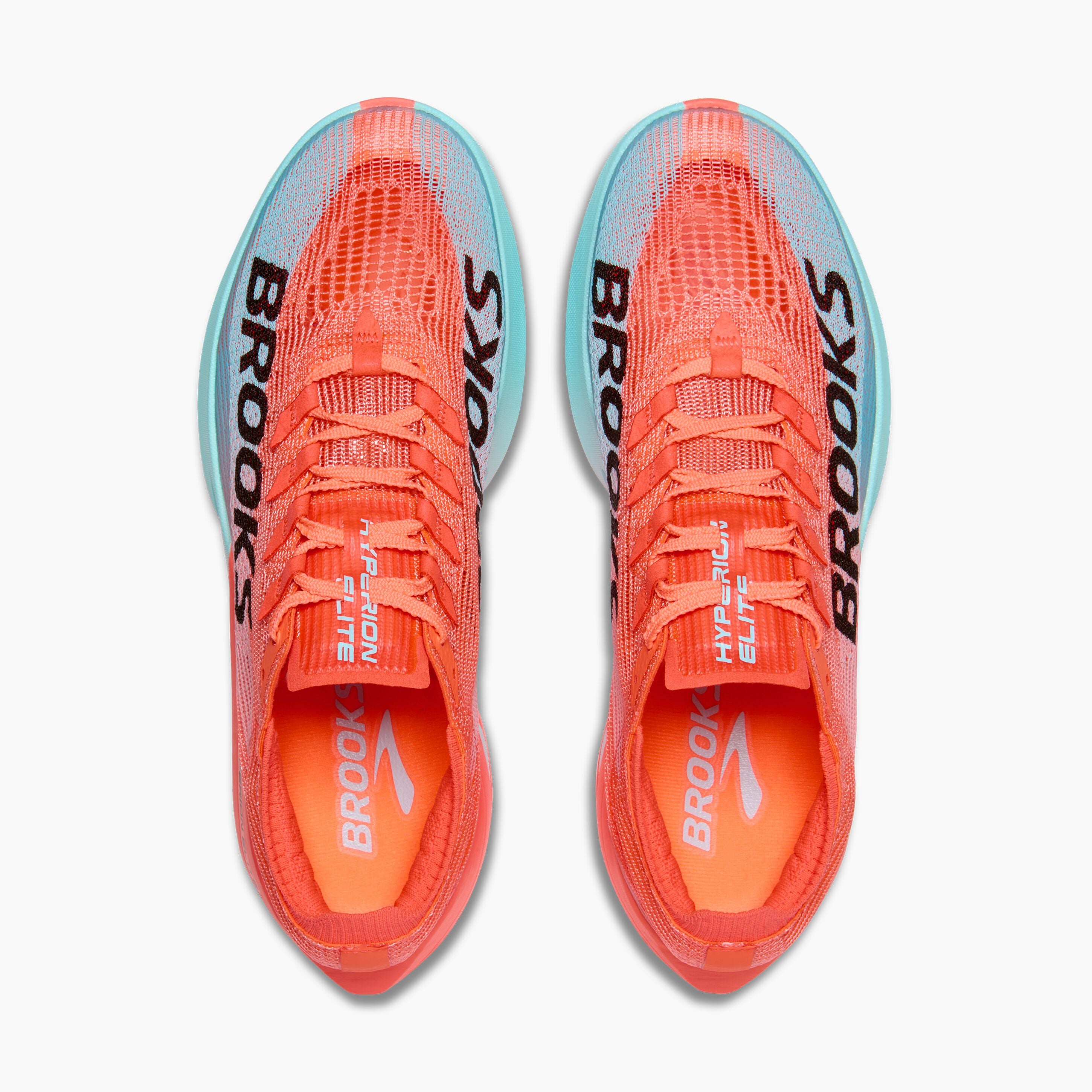 pair of brooks hyperion elite 5, race day shoe for men and women, orange colour, top view of laces