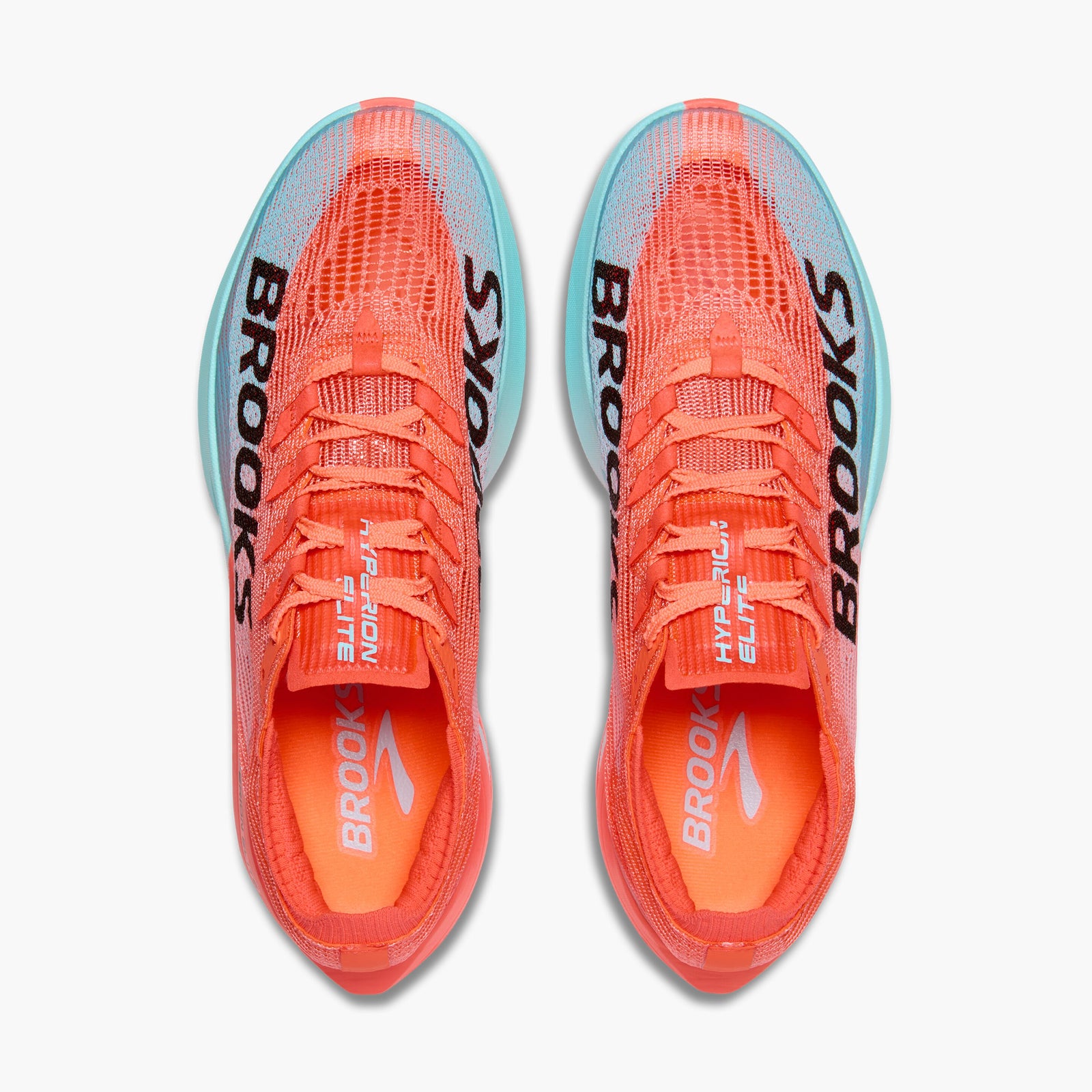 pair of brooks hyperion elite 5, race day shoe for men and women, orange colour, top view of laces