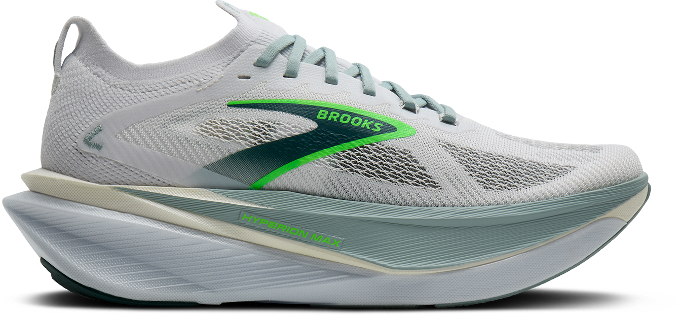 brooks hyperion max 3 for men, super cushioned nylon plated speed training and road racing run shoe, white and grey with lime green and light blue details, side profile of shoe