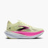 brooks hyperion max 3 womens, lightweight racing and tempo shoe, yellow green colour with pink details, side profile of shoe