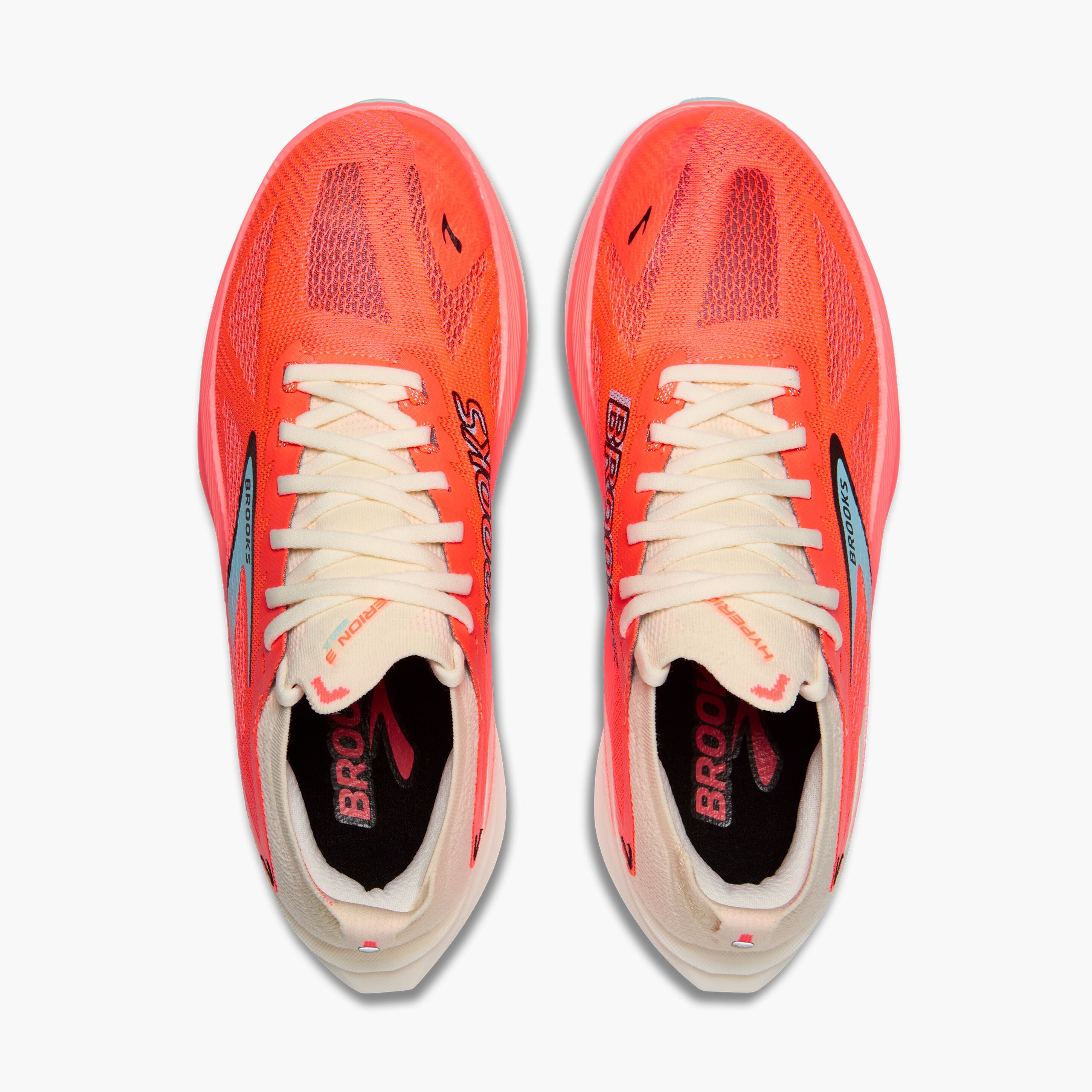 pair of brooks hyperion max 3 for women, coconut fiery coral colour, speed shoe, top view showing laces