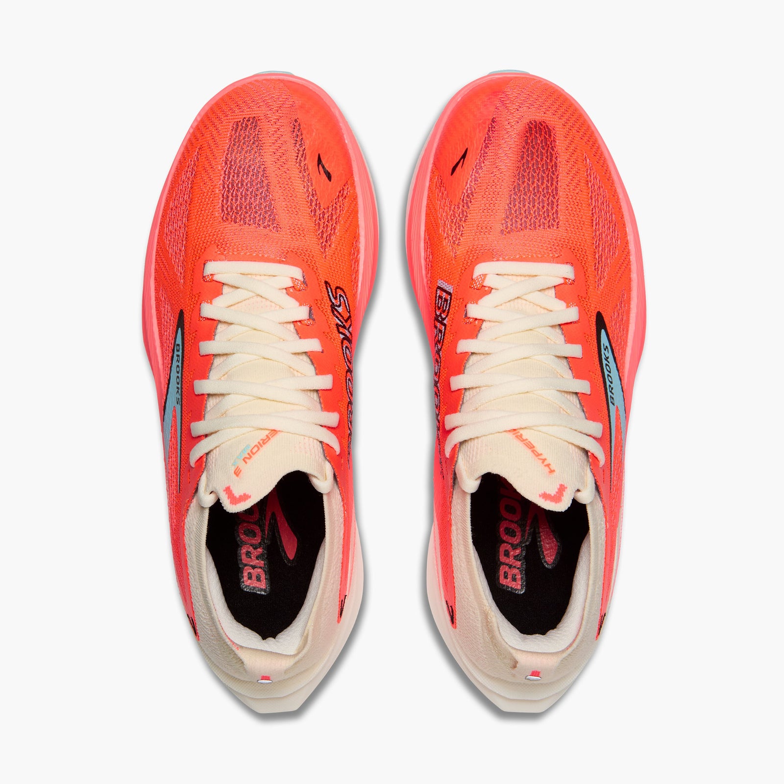 pair of brooks hyperion max 3 for women, coconut fiery coral colour, speed shoe, top view showing laces