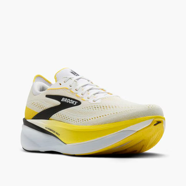 Side view of brooks hyperion max cushioning road running shoe in a white and yellow colour