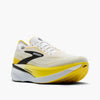 Side view of brooks hyperion max cushioning road running shoe in a white and yellow colour