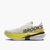 Side view of brooks hyperion max cushioning road running shoe in a white and yellow colour