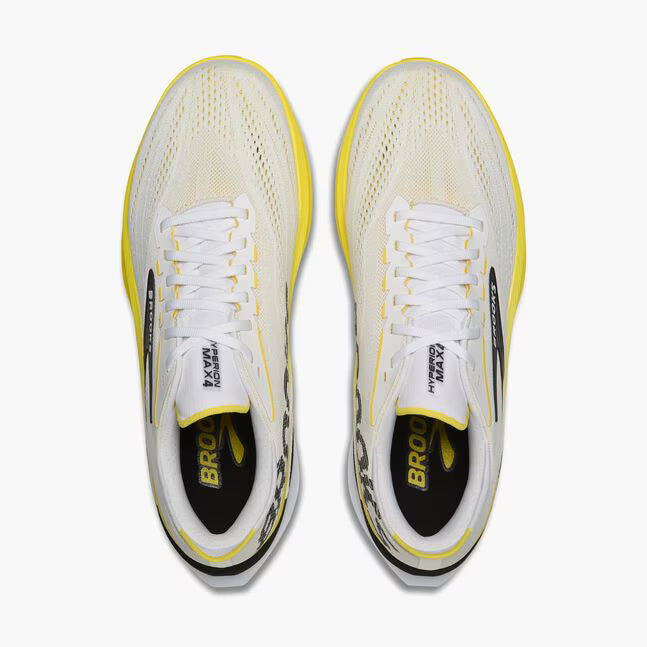Top view of brooks hyperion max cushioning road running shoe in a white and yellow colour