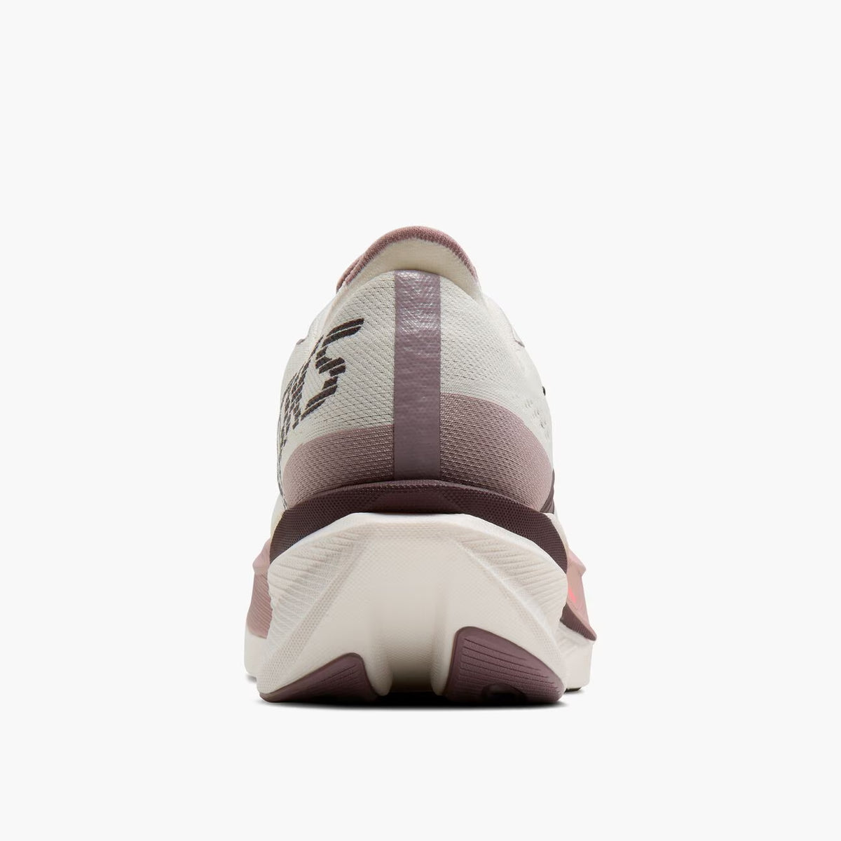 brooks hyperion max 4 womens, high cushion stacked nylon plated training long distance running shoe, white with purple details, back heel of shoe