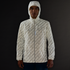 Man wearing Brooks Canopy Reflective Run Jacket, white colour, reflective details, showing the way the jacket reflects in the dark