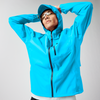 brooks high point waterproof jacket for men, waterproof packable trail running jacket, bright blue colour, man wearing brooks rain jacket with hood up