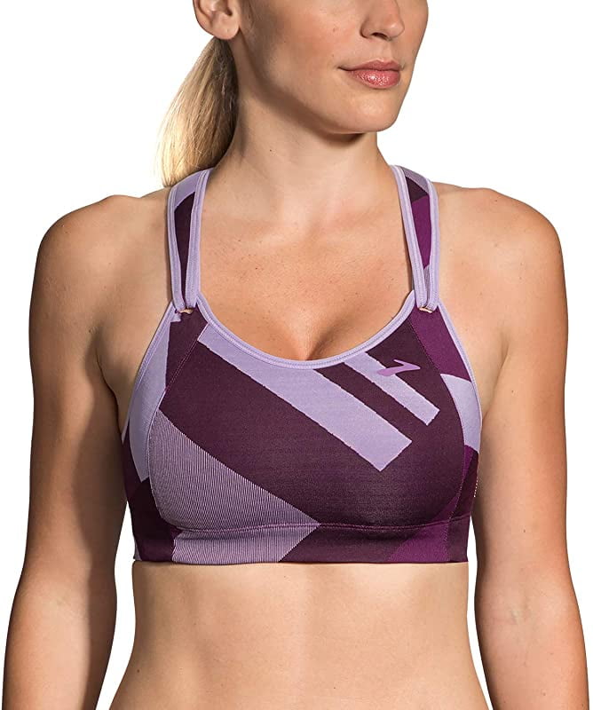 Purple brooks sports bra with geometric pattern