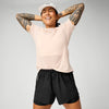 brooks cascadia 2-in-1 short, lightweight running short with pockets for women, black colour with white brooks logo, view of woman wearing brooks shorts and a pink t-shirt on a white background