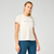 brooks womens dash reflective short sleeve, super lightweight and breathable running top, white colour with silver reflective logo, woman wearing tshirt