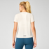 brooks womens dash reflective short sleeve, super lightweight and breathable running top, white colour with silver reflective logo, back of woman wearing tshirt with reflective stripe on bottom of top