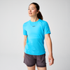 brooks womens high point short sleeve 2.0, super lightweight and breathable trail running top, bright blue colour, woman wearing brooks top with grey background