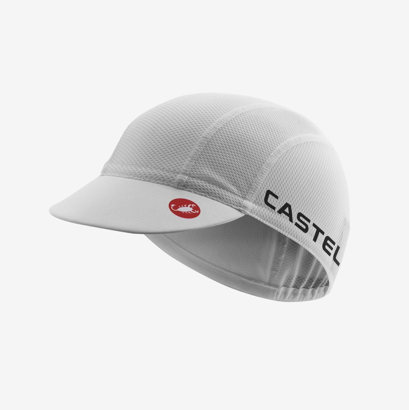 castelli a/c 3 cycling cap, cycling cap with visor for warm weather, white cycling hat with red castelli logo on white background 