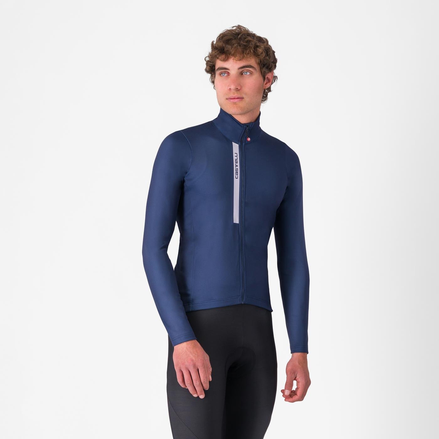 castelli entrata thermal jersey for men, lightweight warm cycling long sleeve full zip jersey, navy blue colour, man wearing castelli cycling jersey