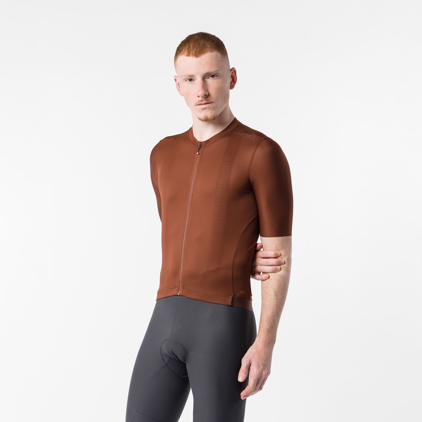 man wearing castelli espresso 2 jersey, clay colour