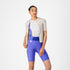 Woman wearing the castelli espresso DT 2 bibshort in purple colour