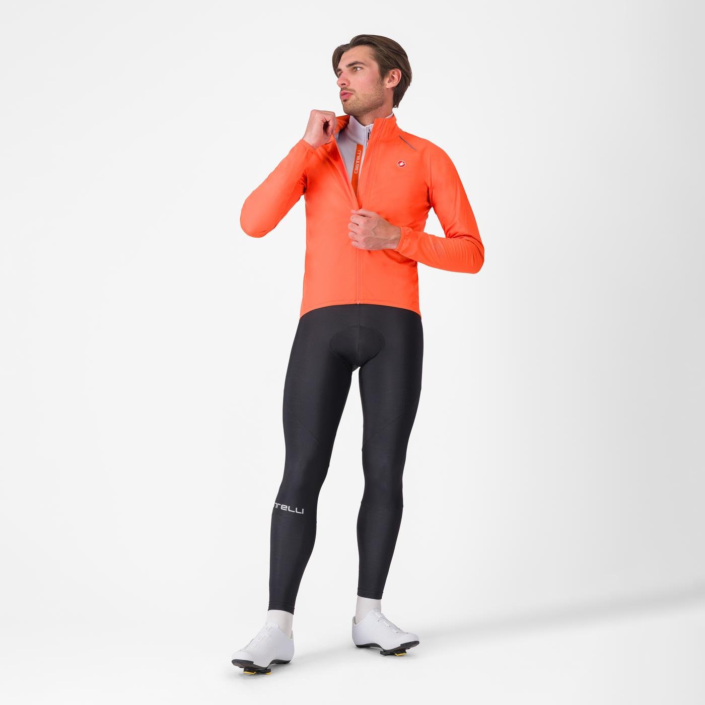 Man wearing Castelli Emergency 3 waterproof cycling jacket showing zip